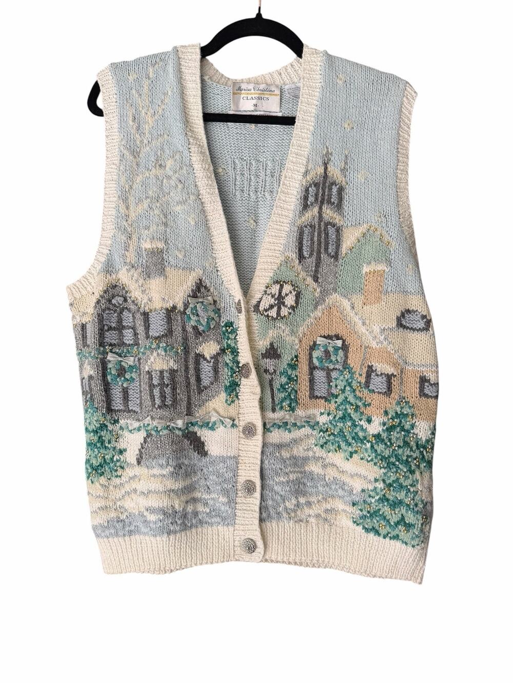 Vintage Marisa Christina 1995 Christmas Village Sweater Vest M Grandmacore Retro